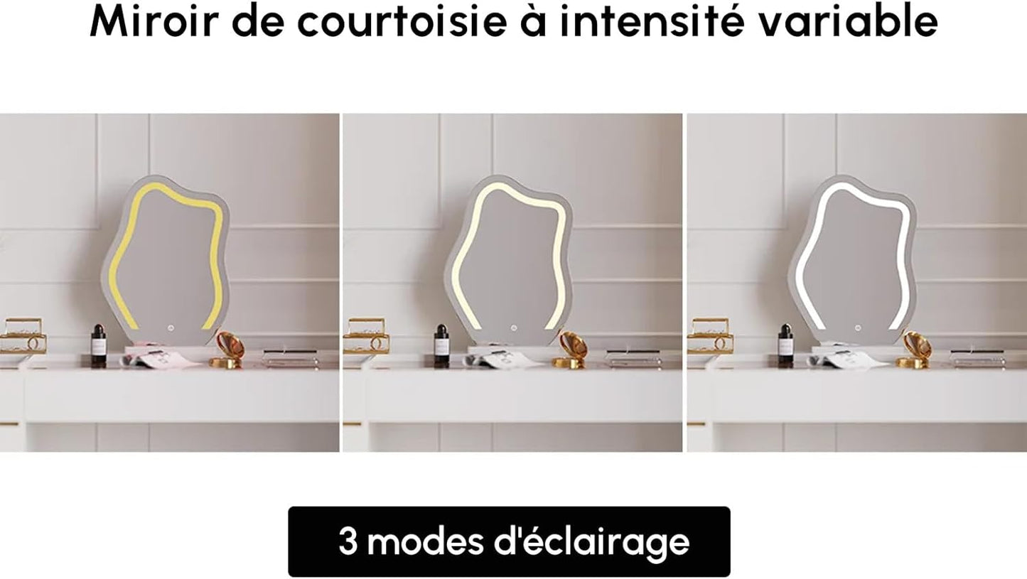 Vanity Desk Set with LED Mirror, Makeup Vanity with Power Outlet and Tempered Glass Top, Makeup Table with 6 Drawers, 3 Lighting Modes Vanity Table with Chair for Bedroom (White)