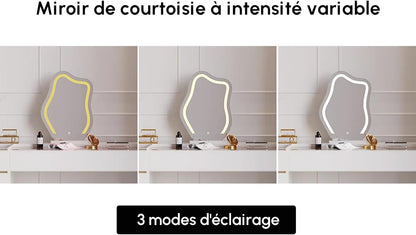 Vanity Desk Set with LED Mirror, Makeup Vanity with Power Outlet and Tempered Glass Top, Makeup Table with 6 Drawers, 3 Lighting Modes Vanity Table with Chair for Bedroom (White)