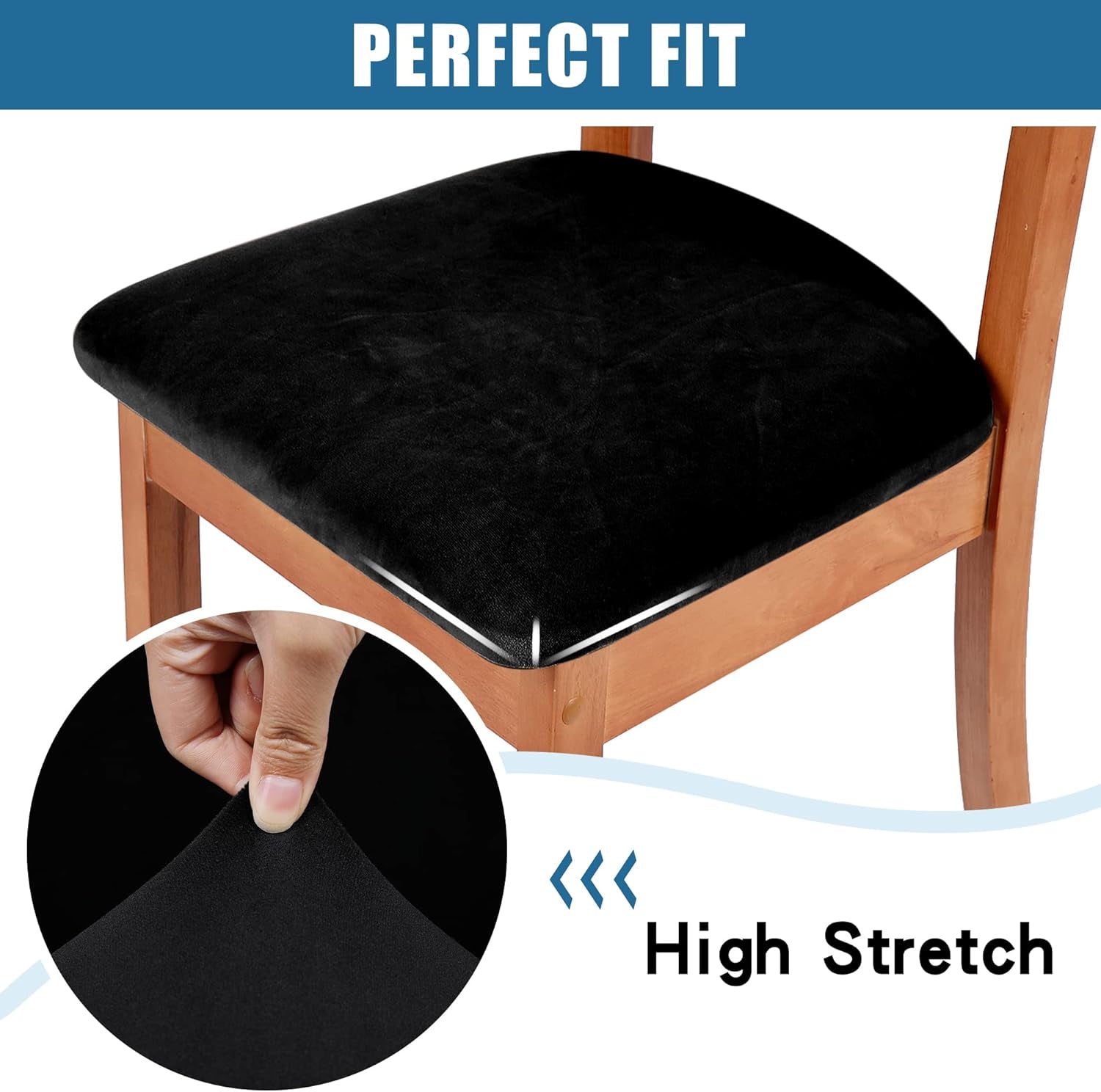 Velvet Seat Covers for Dining Room Chair Set of 4, Stretch Fit Removable Washable Chair Seat Cushion Protector Slipcovers with Ties, Black