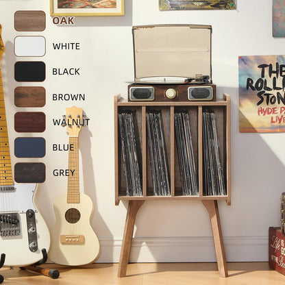 Record Player Stand,Vinyl Record Storage Table with 4 Cabinet up to 100 Albums,Mid-Century Modern Turntable Stand with Wood Legs,Oak Grey Vinyl Holder Display Shelf for Bedroom Living Room