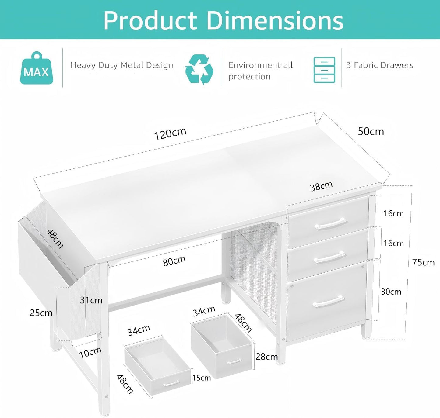 White Desk with Fabric File Drawers Cabinet, 47 Inch Reversible Computer Desk with Filing Cabinet for Bedroom Small Space Home Office, Modern Writing Table PC Desks, White