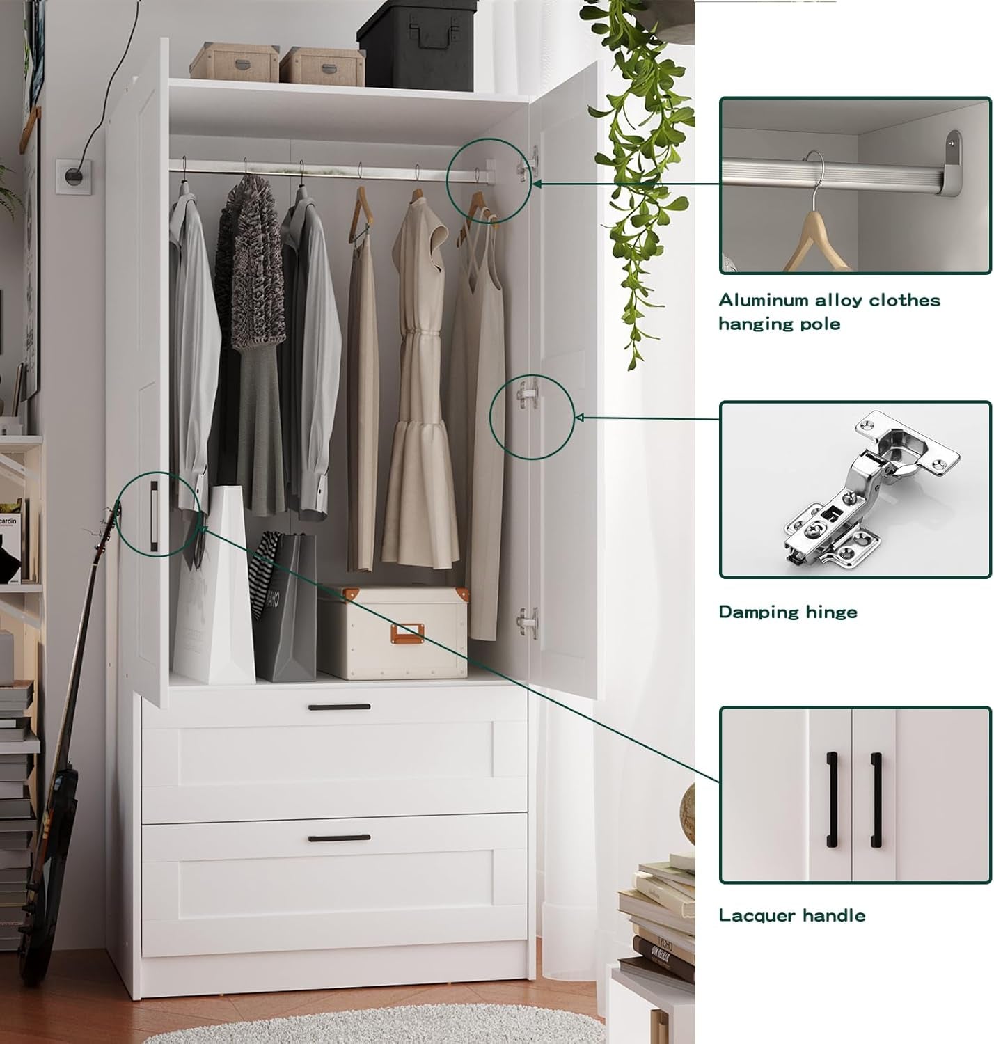 Wood White Wardrobe Closet with 2 Doors and 2 Drawers，Bedroom Freestanding Armoire Storage Cabinet with Shelves，Wooden Wardrobe Combination for Hanging Clothes (White 2 Drawers)