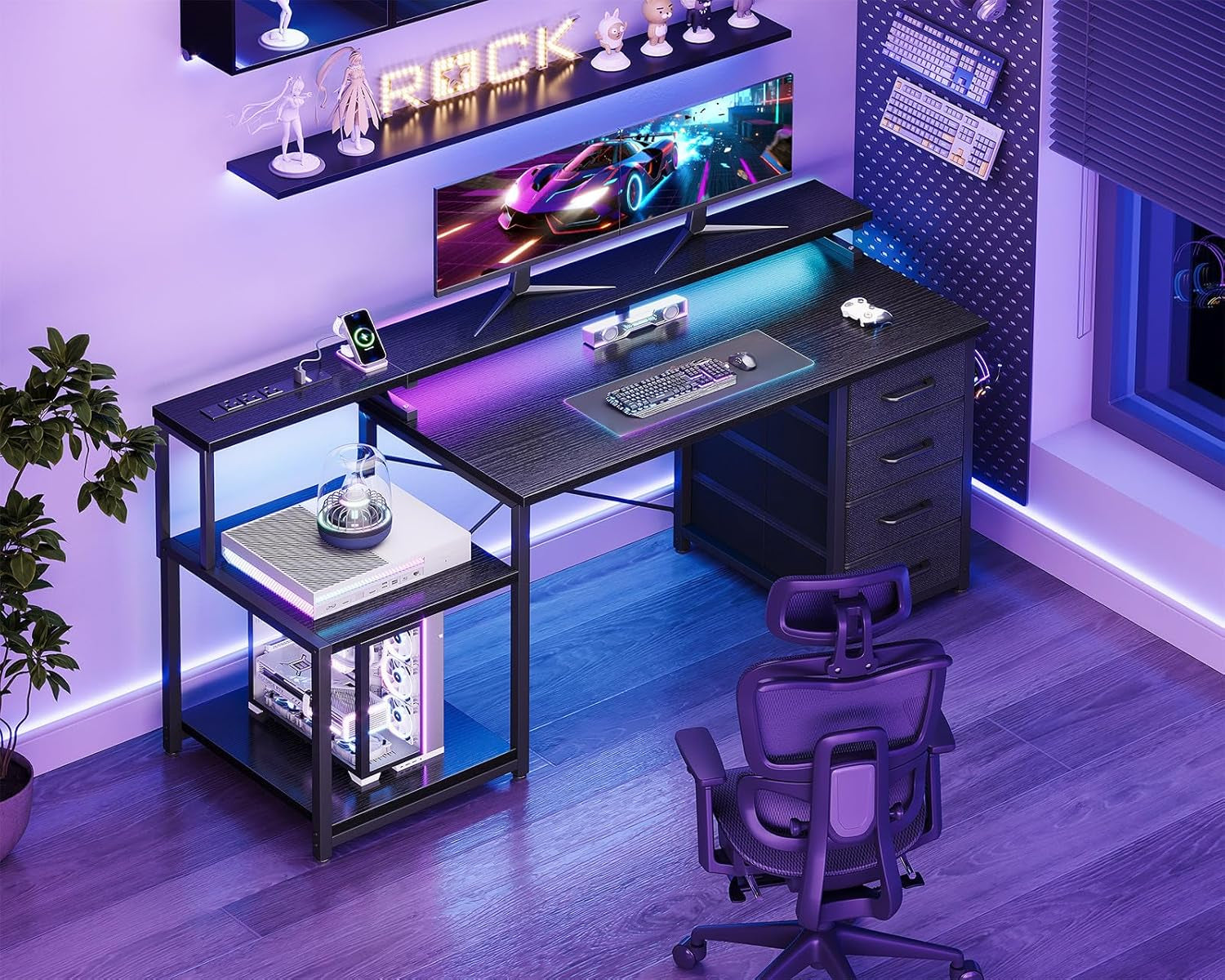 55 Inch Computer Gaming Desk with Power Outlets & 4 Drawers, Home Office Desk with Monitor Stand & Printer Shelves, Black