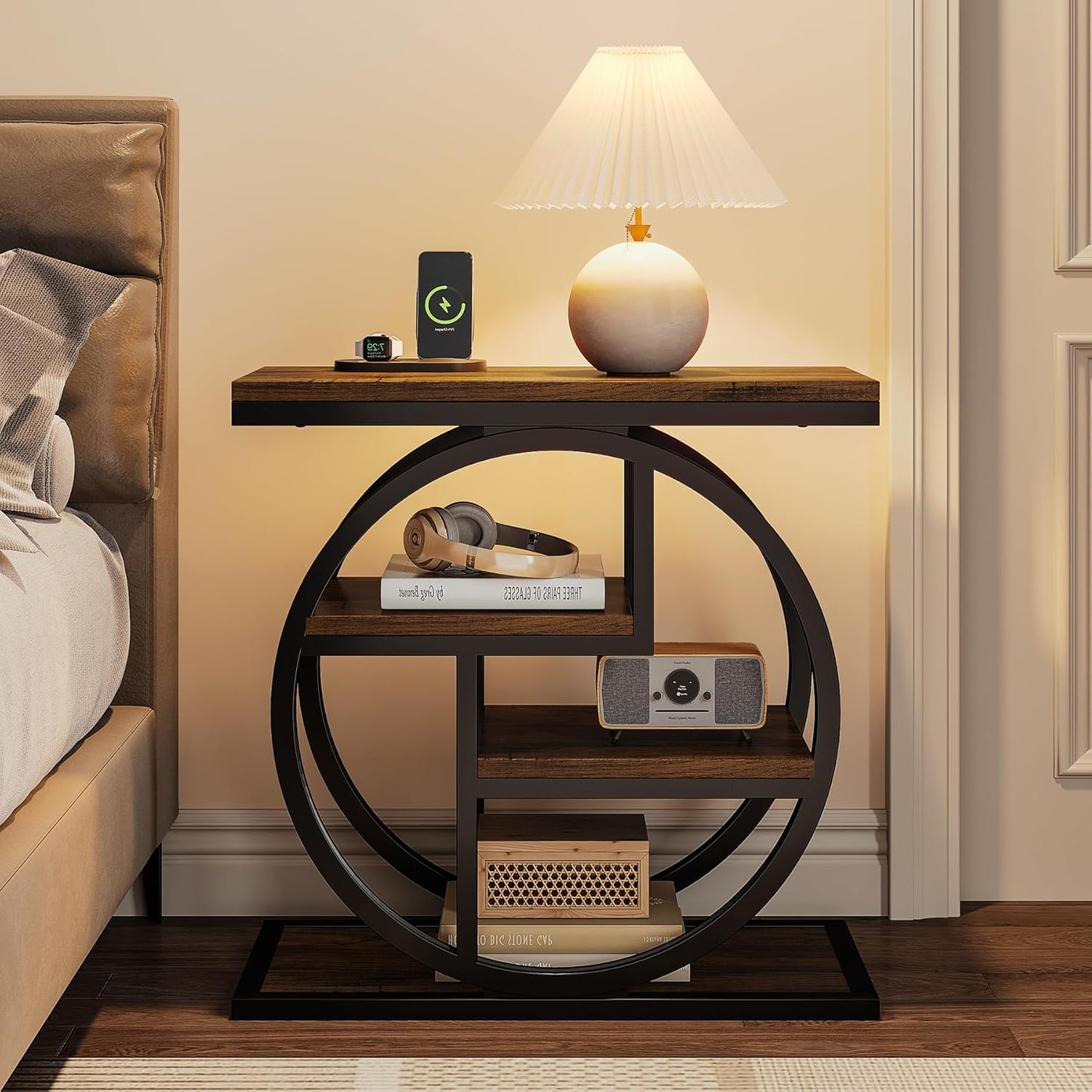 End Table for Living Room, 4-Tier Narrow Side Table with Storage Shelves, Industrial Bedside Table for Bedroom, Wood Small Sofa Side Table with Geometric Metal Frame (1 PC, Rustic Brown)