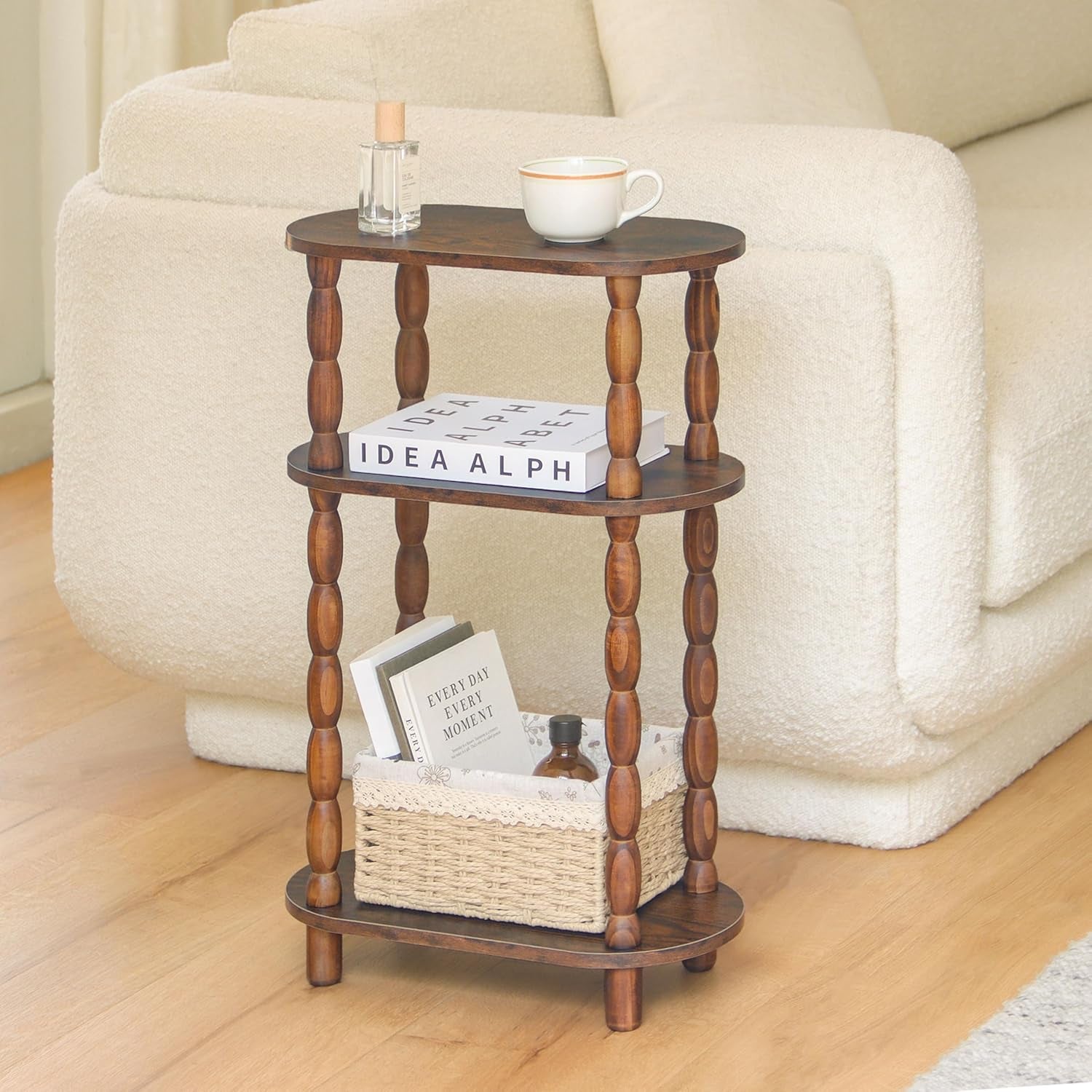 Small Narrow Side Table, 3-Tier Narrow End Table with Storage, Skinny Side Table Nightstand for Small Space, Bedrooms, Living Room (Rustic Brown)