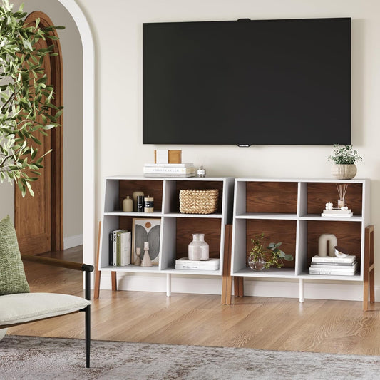 Telos 4-Cube White TV Stand with Open Cubby Shelf with Angled Design, Brown/Glossy White, Set of 2