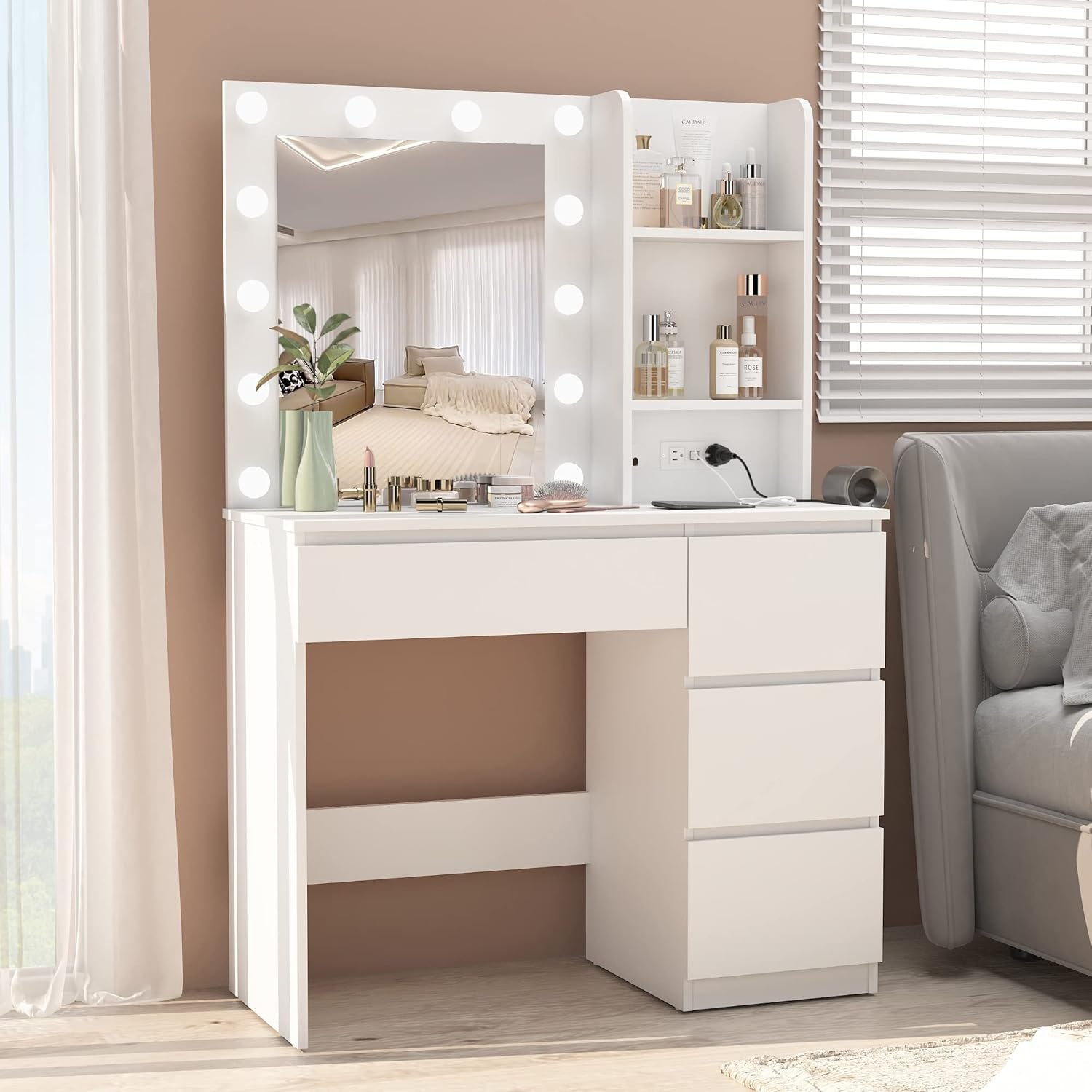 Makeup Vanity with Lights, 37Inch Vanity Desk with Power Strip, 4 Drawers Makeup Table with Lighted Mirror, 3 Lighting Colors, White