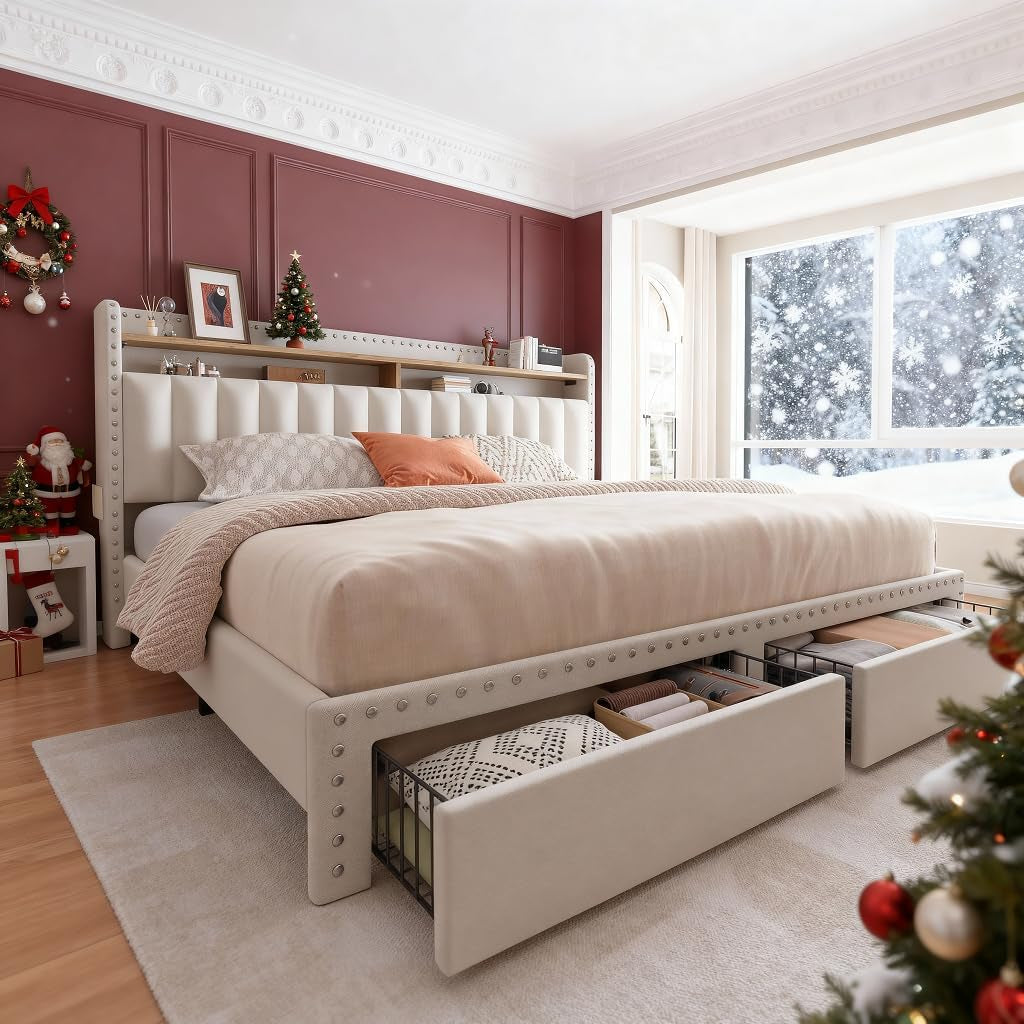 King Size Bed Frame, Upholstered King Bed Frame with 2 Storage Drawers and 2-Tier Headboard, Vertical Tufted Headboard Design, Extra Storage Space for Bedroom Apartment, Beige