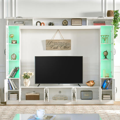 98" Wide Wall Unit TV Stand with Storage for Tvs up to 80", Large Modern TV Console Table with LED Lights, Entertainment Center with Bookshelves for Living Room, White