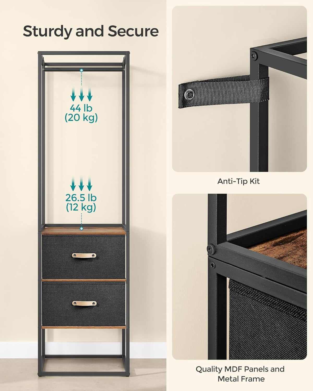 Clothes Rack, 70.9 Inch Wardrobe Freestanding Closet, Heavy Duty Garment Rack with 1 Extendable Hanging Rod, 2 Drawers and 4 Shelves, for Bedroom, Space-Saving, Rustic Brown URGR003B01