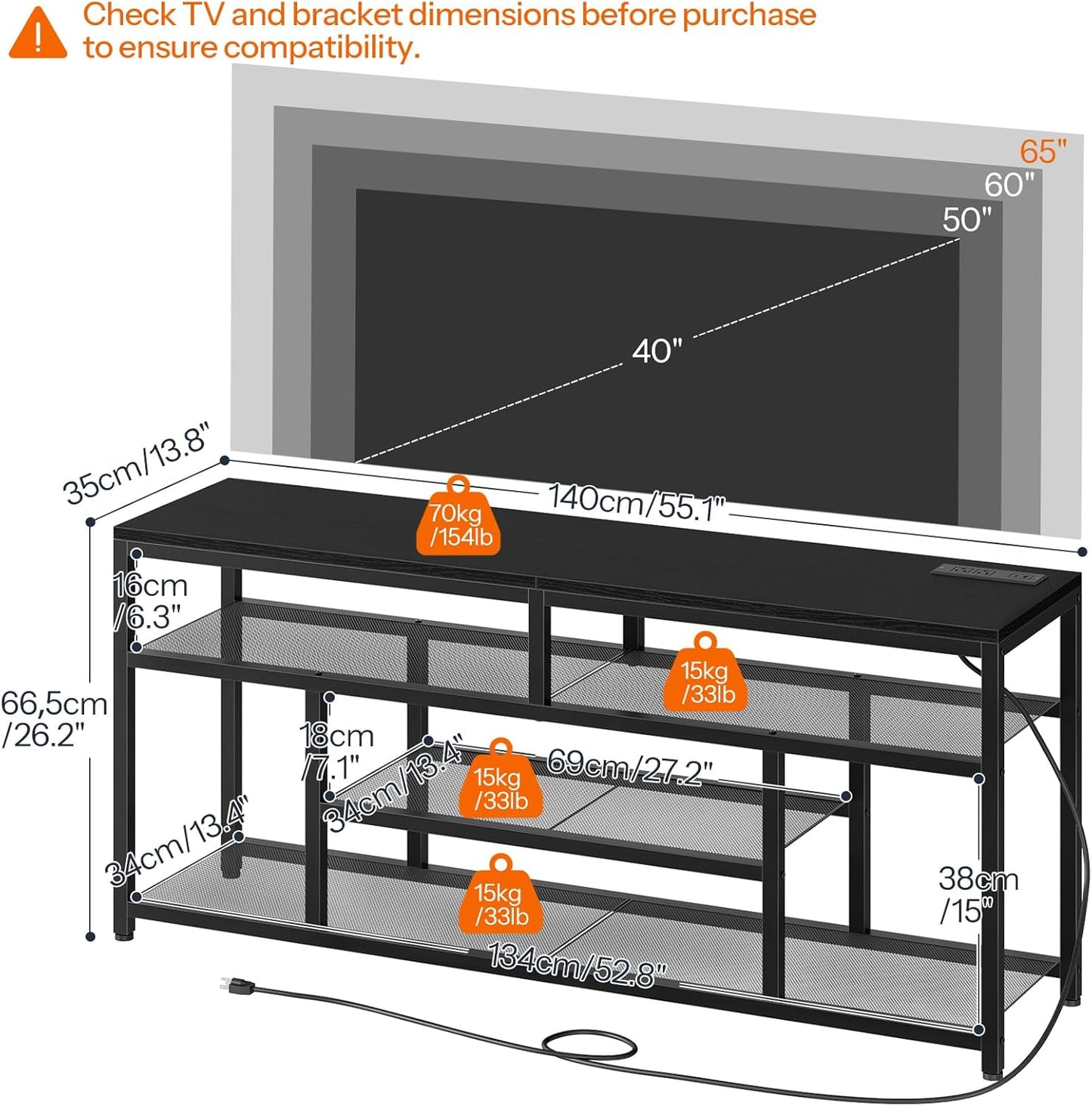 LED TV Stand with Charging Station, 4-Tier Entertainment Gaming Center, Modern Media Console Table, Open Shelves, 55.1"L X 13.8"W X 26.2"H, for Tvs up to 65", for Living Room, Black BB47UDDS01