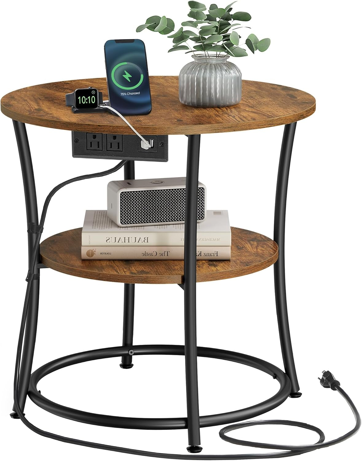 Side Table, 2-Tier round End Table with Power Outlets, Nightstand with Steel Frame for Small Spaces, Living Room, Bedroom, Rustic Brown and Ink Black ULET077K01