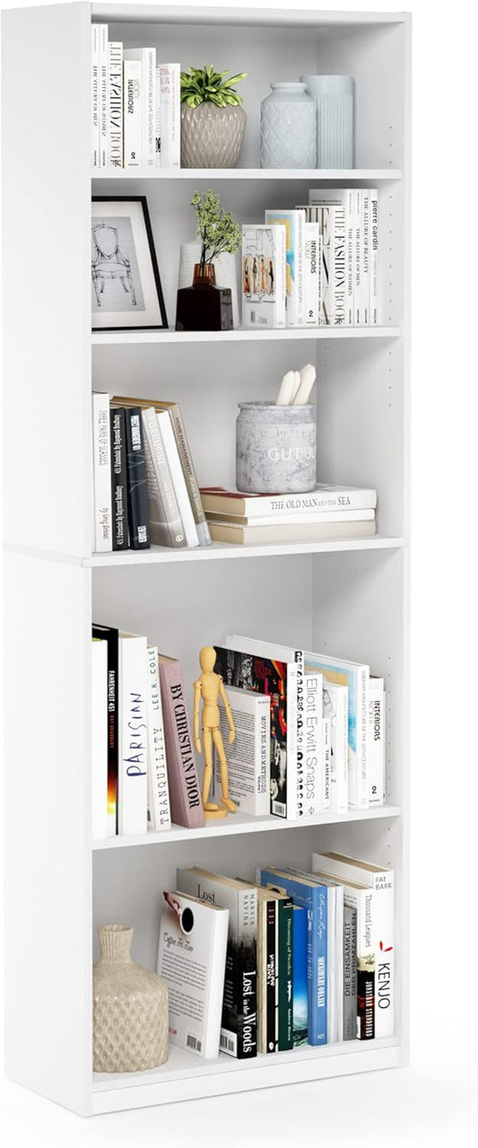 JAYA Book Shelf, 5-Tier Bookshelf, Bookcase with Adjustable Shelves, 9.5 X 24.5 X 71.2, for Organization and Storage, for Living Room, Bedroom, Home Office, White