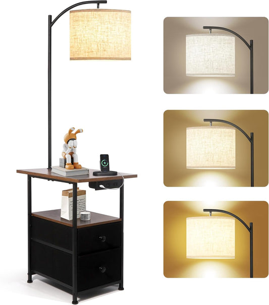 Floor Lamp with Table & 2 Drawers, End Table with 3 Color Temperature Reading Light, Side Table Lamp with USB & Type C & AC Charging Port for Living Room, Bedroom