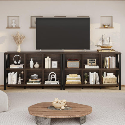6 Cube Storage Organizer with Shelf, Short Horizontal Bookshelf for Living Room, Wood and Metal Cubby Bookcase, 47 Inch Industrial Low Book Shelf and Book Case (Dark Walnut)