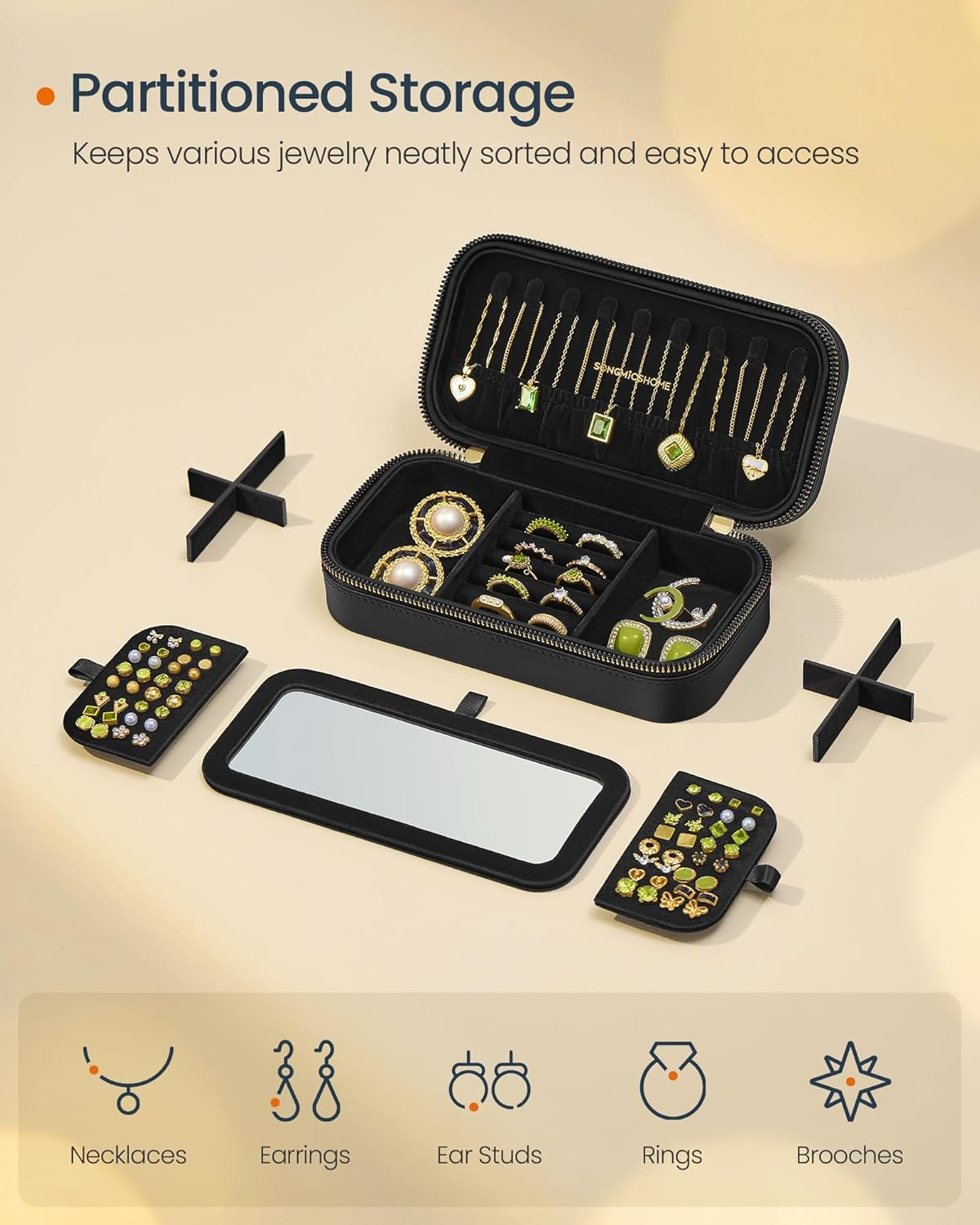 2-Layer Jewelry Box with Handle and Rectangular Travel Jewelry Box Bundle, Removable Jewelry Tray, with Mirror, PU, Zippers, Gift Idea, Ink Black UJBC165B01 and UJBC180B01