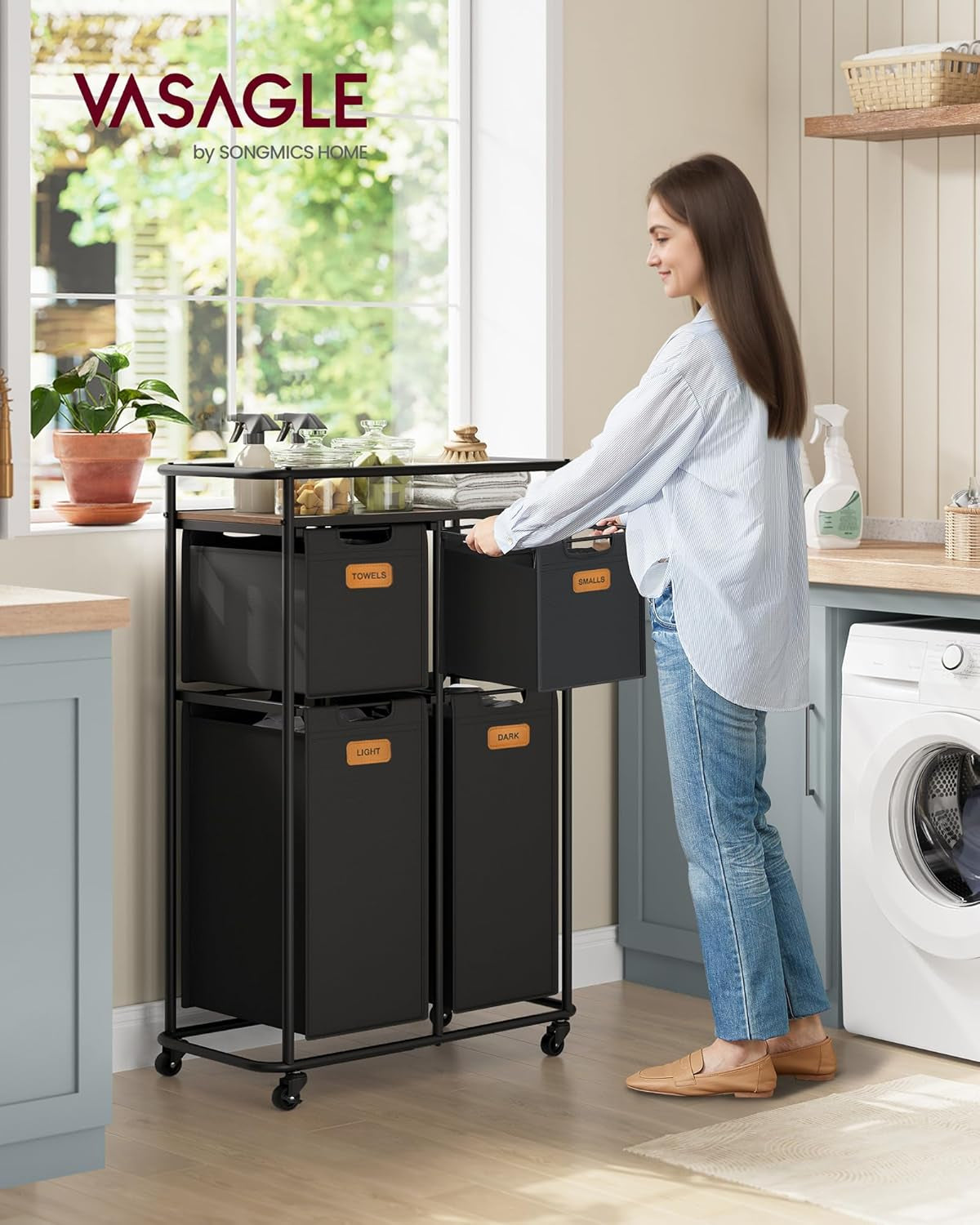 Laundry Sorter, Laundry Hamper with Wheels, 39.6 Gal. (150 L) Portable Rolling Cart Baskets with Shelf, 4 Removable Liners and 6 Labels, Ink Black and Chestnut Brown URLS100B01