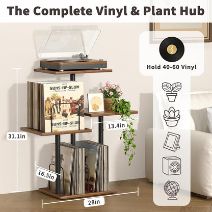 Botanical Record Player Stand with Vinyl Storage, Wood Turntable Table Furniture with LP Record Shelf, Record Album Organizer & Display for Small Spaces, Apartments, Bedroom, Living Room