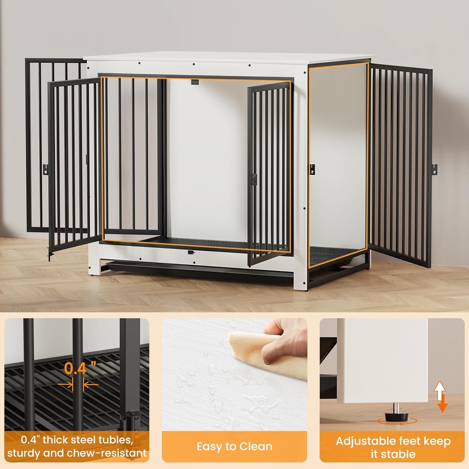Dog Crate Furniture, Large Dog Crate Furniture, Wooden Cage Kennel Furniture Indoor, Modern Dog Crate with Multi-Purpose Removable Tray, Double-Doors Dog Furniture, End Table Dog Crate, White