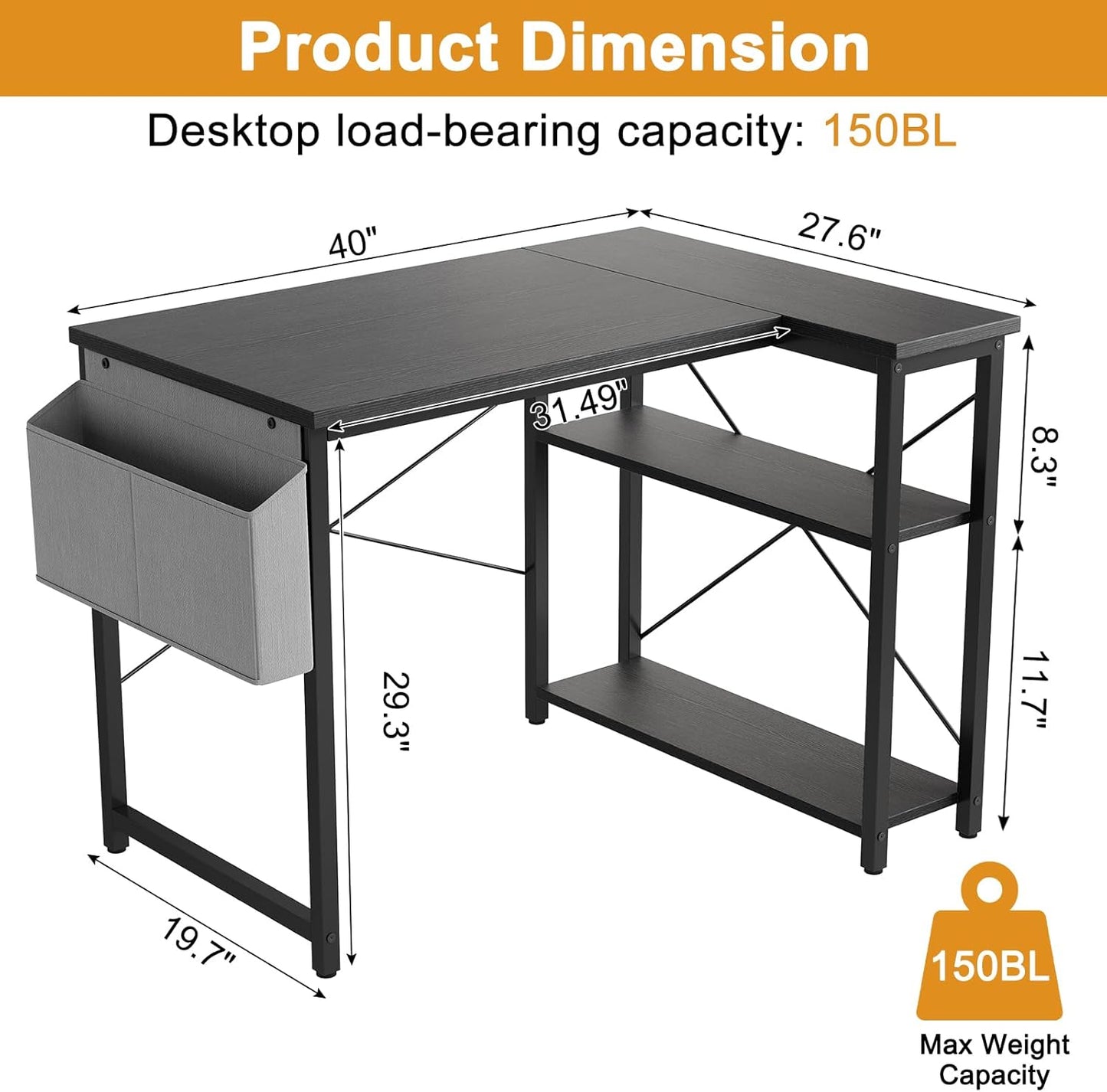 L Shaped Computer Desk with Reversible Shelves, 40 Inch Small Corner Desk with Storage Bag, Gaming Desk Computer Table Study Writing Table for Home Office Bedroom Small Space, Black