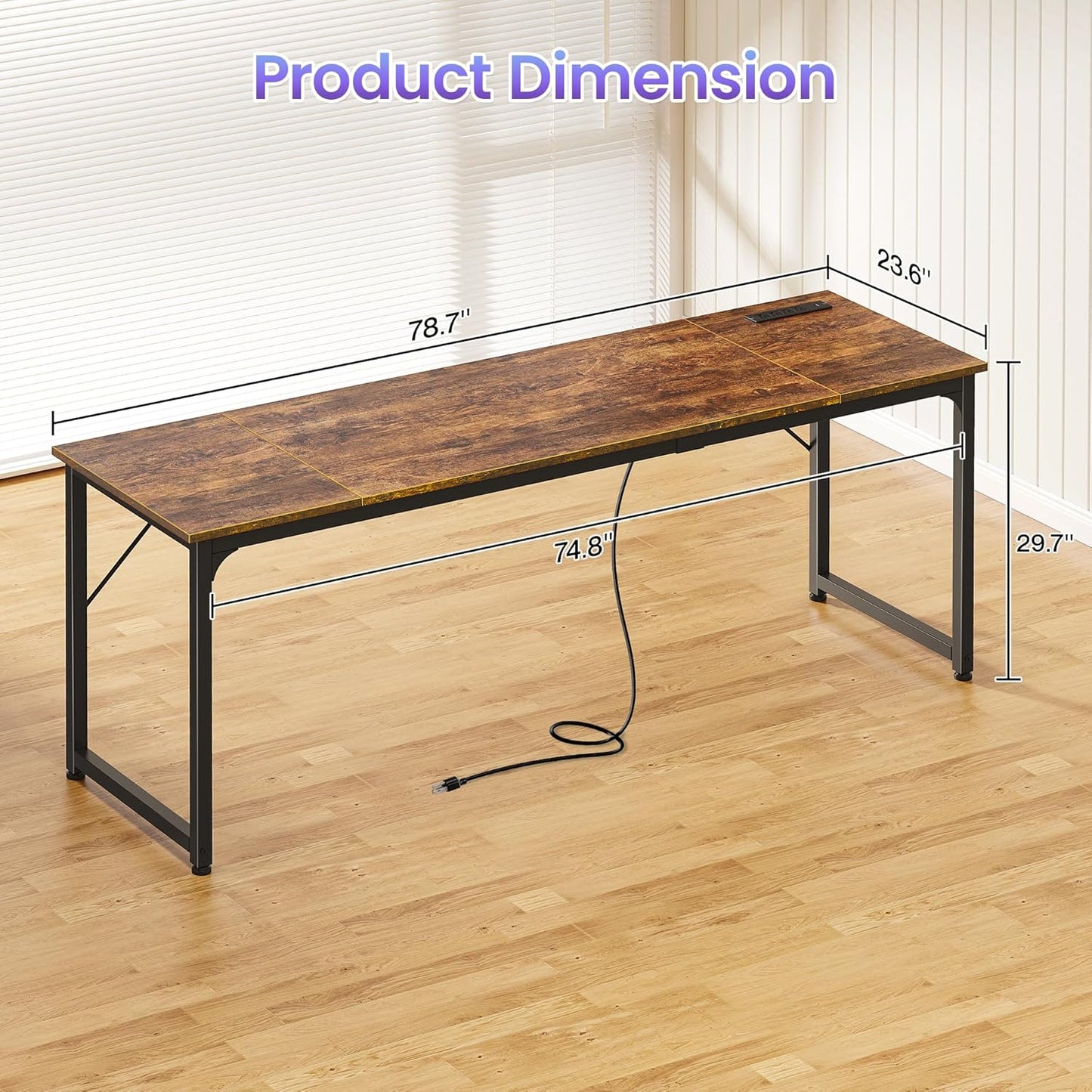 80 X 24 Inch Office Computer Desk with Power Outlets and USB-C Port, Larger and Longer Gaming Desk, for Home Office, Study, Writing Work from Home Table, Metal Frame, Rustic Brown