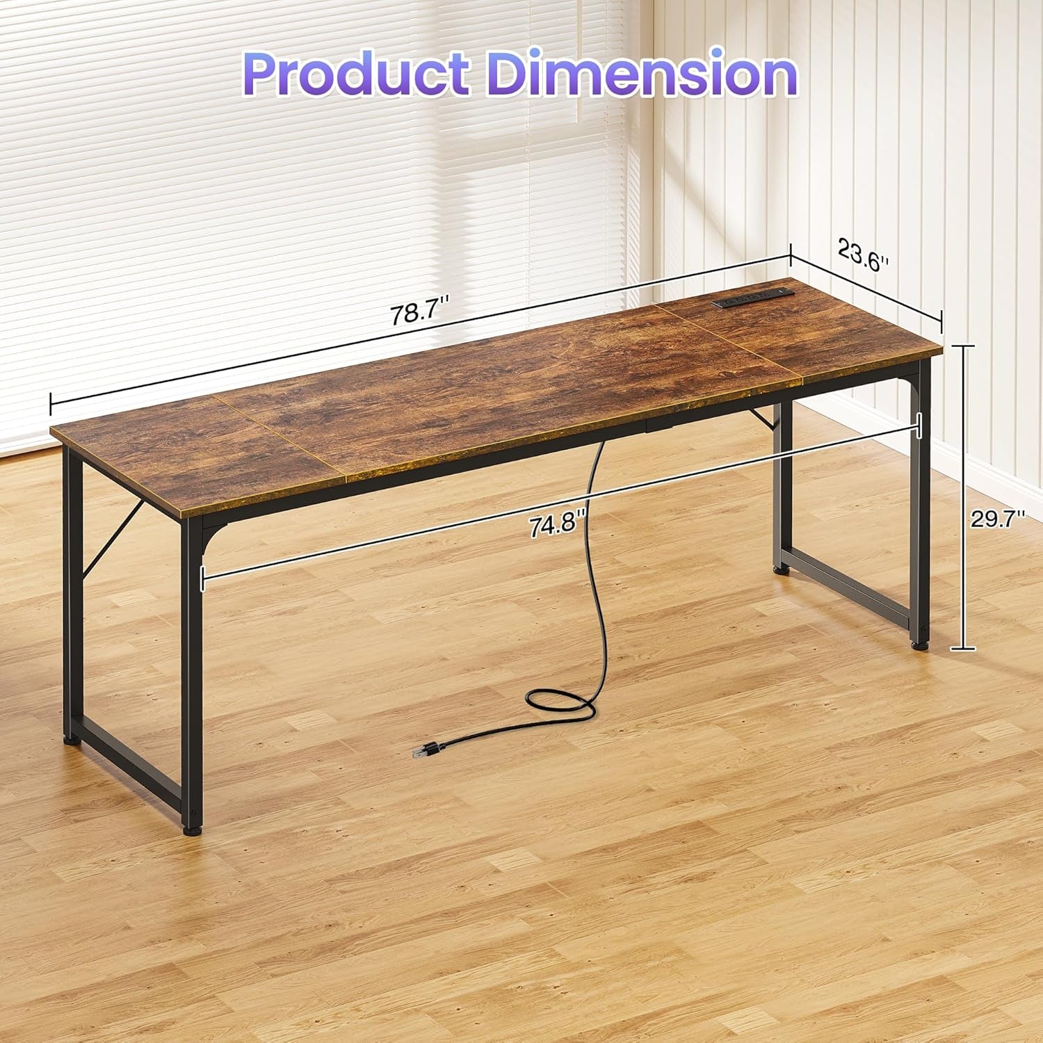 80 X 24 Inch Office Computer Desk with Power Outlets and USB-C Port, Larger and Longer Gaming Desk, for Home Office, Study, Writing Work from Home Table, Metal Frame, Rustic Brown
