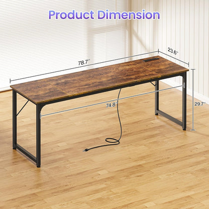 80 X 24 Inch Office Computer Desk with Power Outlets and USB-C Port, Larger and Longer Gaming Desk, for Home Office, Study, Writing Work from Home Table, Metal Frame, Rustic Brown