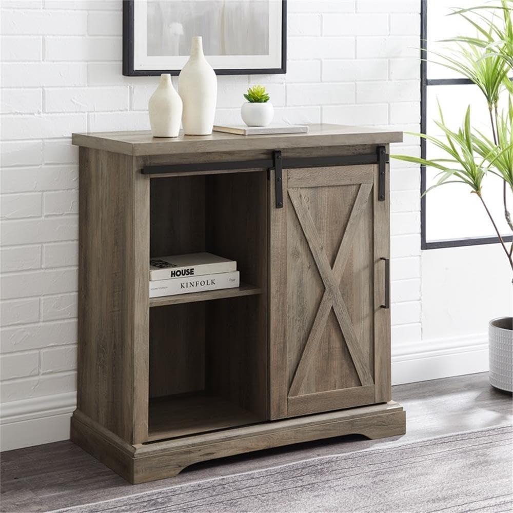 Abbey Modern Farmhouse Sliding X Barn Door Accent Console, 32 Inch, Grey Wash