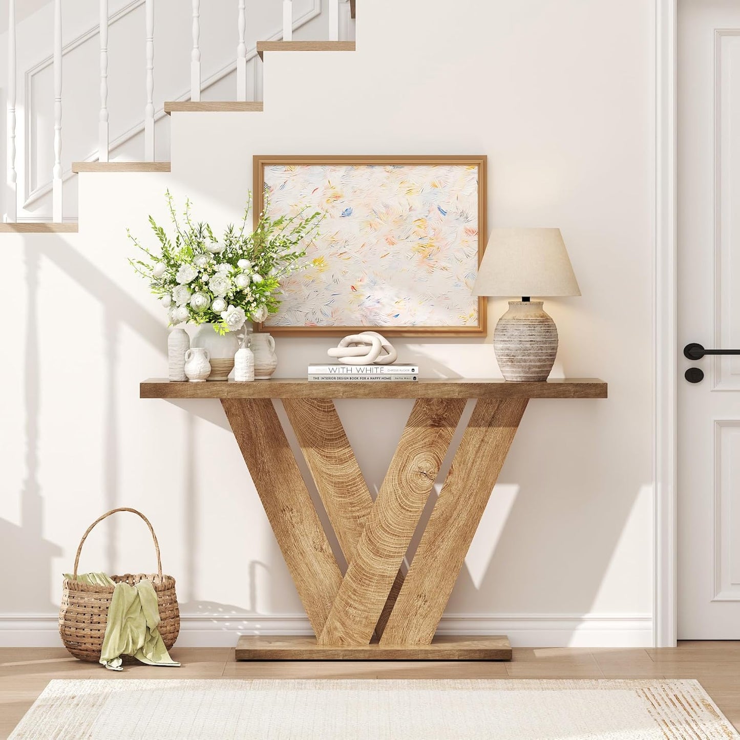 51 Inch Console Table, Farmhouse Entryway Table with V-Shaped, Wood Sofa Table behind Couch Table, Narrow Entryway Accent Table for Living Room, Hallway, Entrance, Foyer, Easy Assembly, Brown