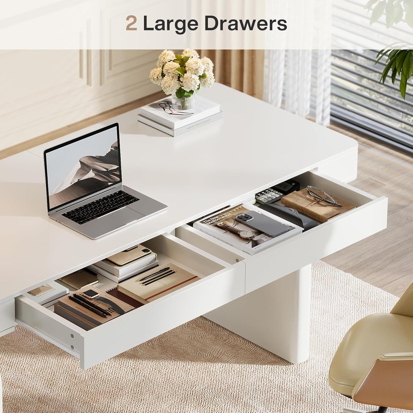 White Desk with Drawers, 63-Inch Modern Executive Office Desk, Glossy Elegant Work Study Desk Writing Table for Home Office, Cream White