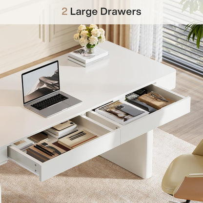 White Desk with Drawers, 63-Inch Modern Executive Office Desk, Glossy Elegant Work Study Desk Writing Table for Home Office, Cream White