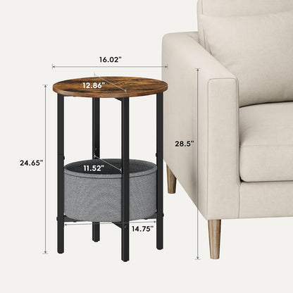 round Side Table End Table with Storage Basket, Small Side Table round Nightstand for Small Spaces, Tall Oval End Table with Steel Frame, Coffee Bedside Table for Living Room, Rustic Brown