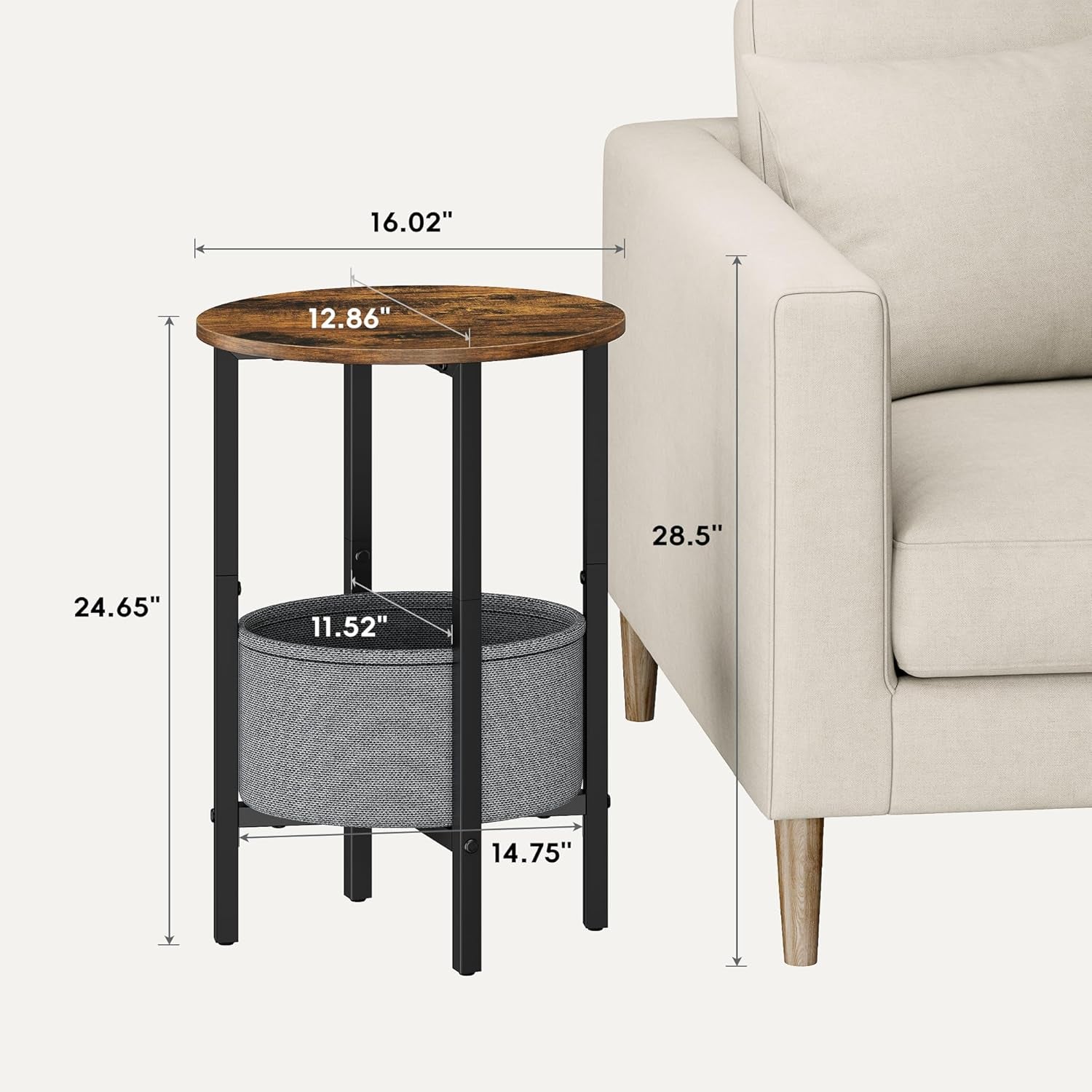round Side Table End Table with Storage Basket, Small Side Table round Nightstand for Small Spaces, Tall Oval End Table with Steel Frame, Coffee Bedside Table for Living Room Bedroom, Black