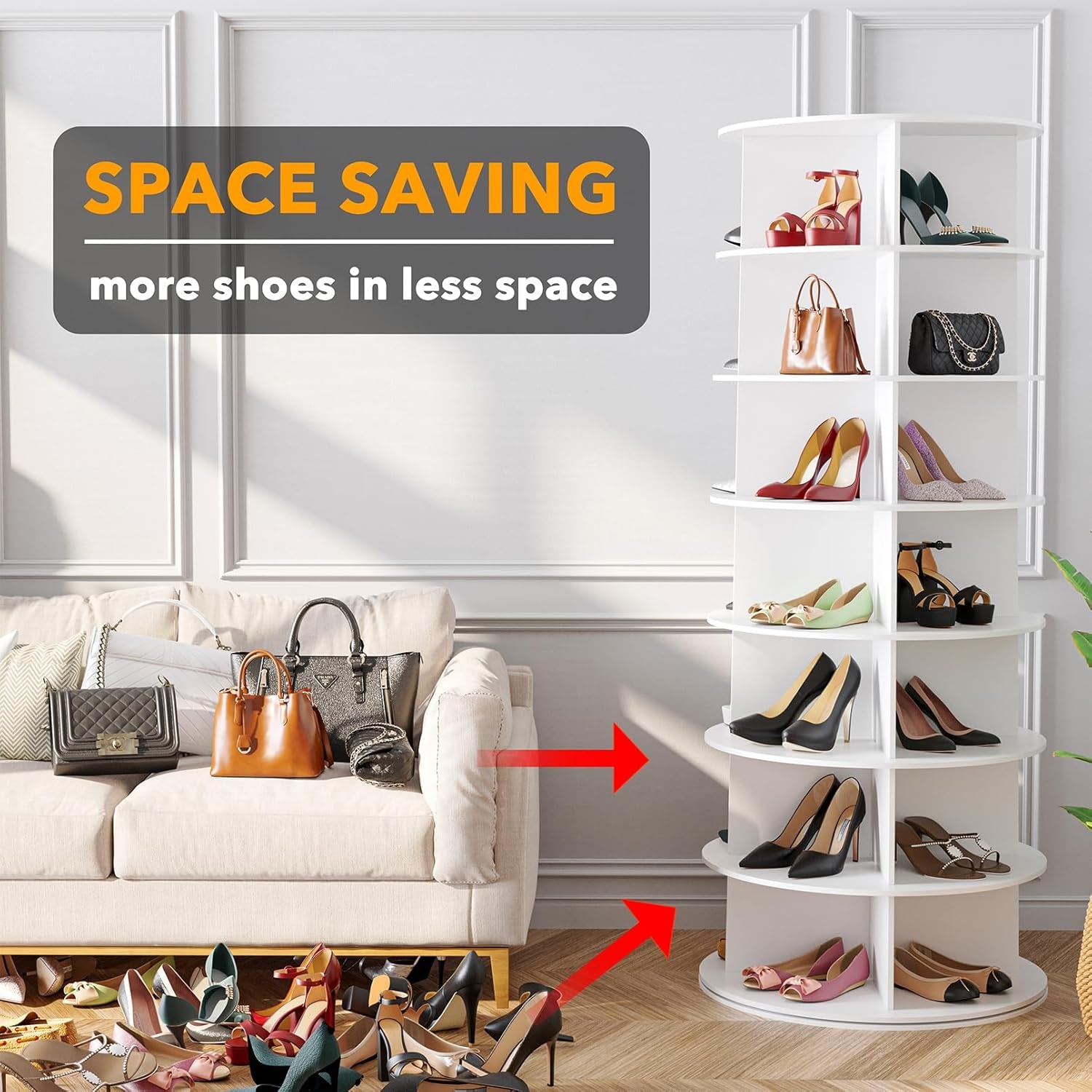 7 Tier Rotating Shoe Rack Tower, Spinning Shoe Display Lazy Susan, Revolving 360 Shoe Rack Storage round Carousel, Vertical Handbag Rotate Shoes Closet Organization (7-Tier White)