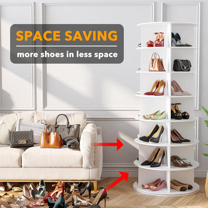 7 Tier Rotating Shoe Rack Tower, Spinning Shoe Display Lazy Susan, Revolving 360 Shoe Rack Storage round Carousel, Vertical Handbag Rotate Shoes Closet Organization (7-Tier White)