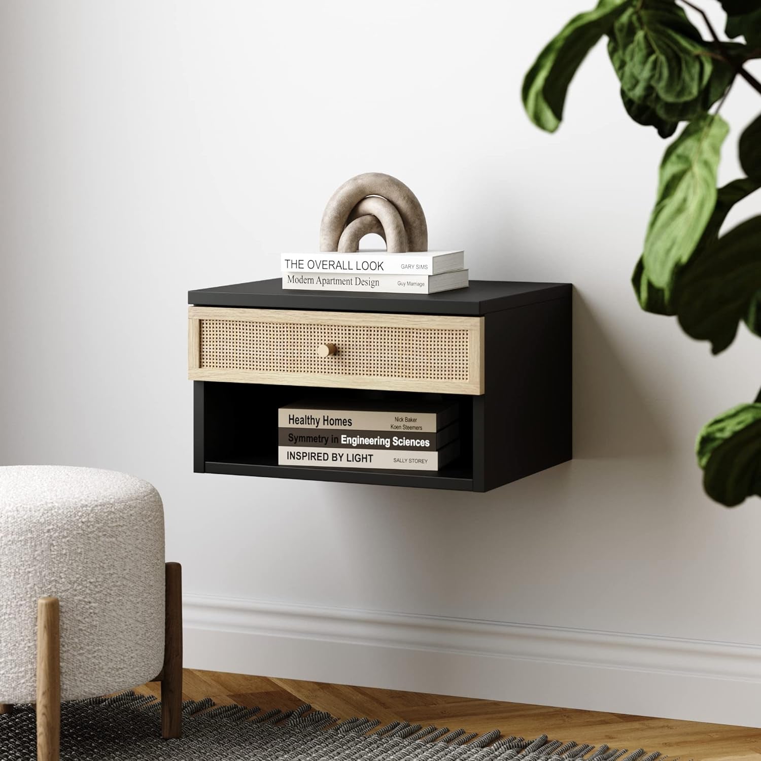 Jackson Wall Mounted Rattan Floating Bedroom Nightstand with Storage Drawer and Modern Open Shelf Cubby, Black/Rattan