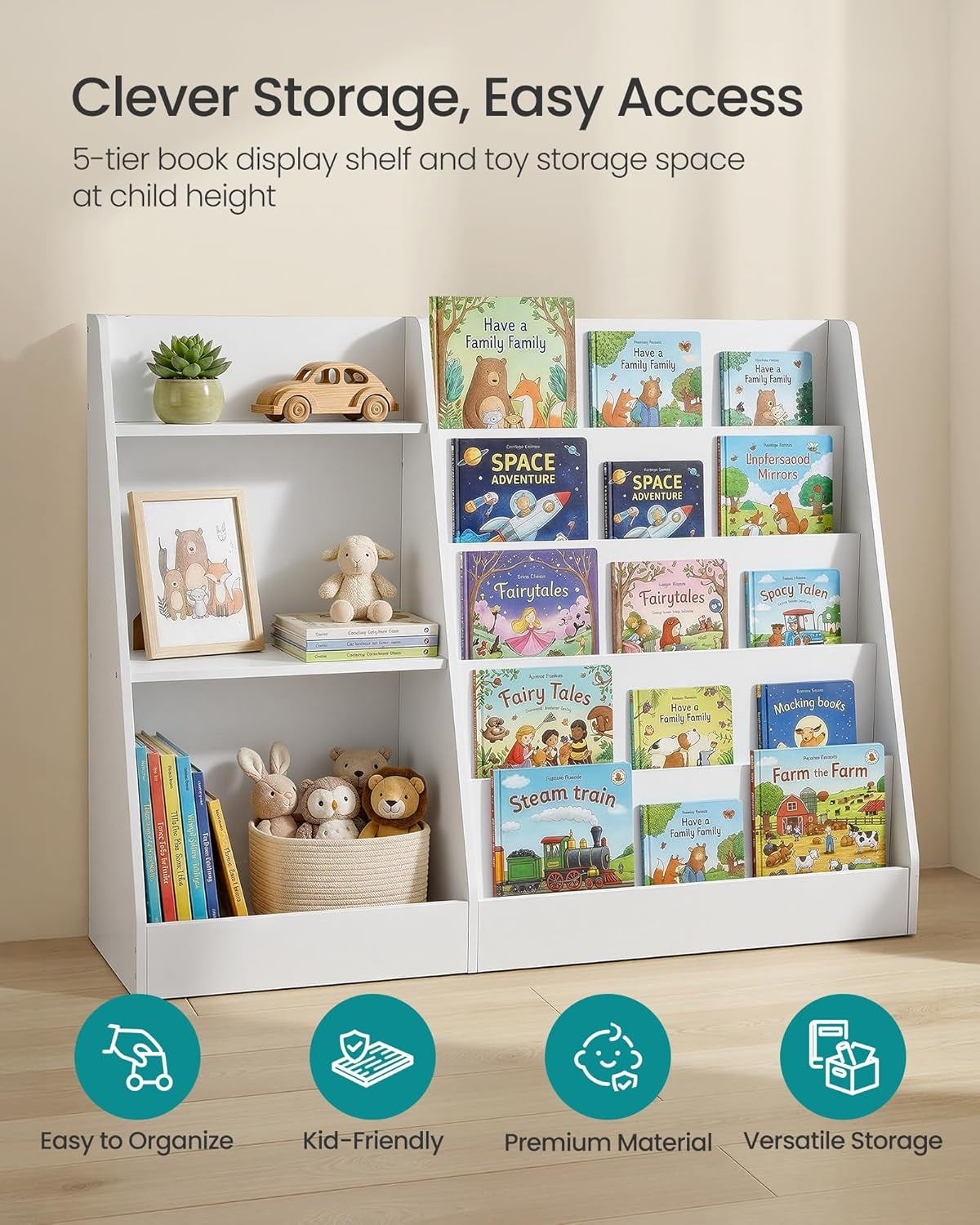 Book and Toy Storage Organizer, 5-Tier Montessori Kids Bookshelf and Toy Storage Shelf, for Children'S Room, Reading Nook, 11.8 X 40.8 X 31.5 Inches, Cloud White UGKR077WZ01
