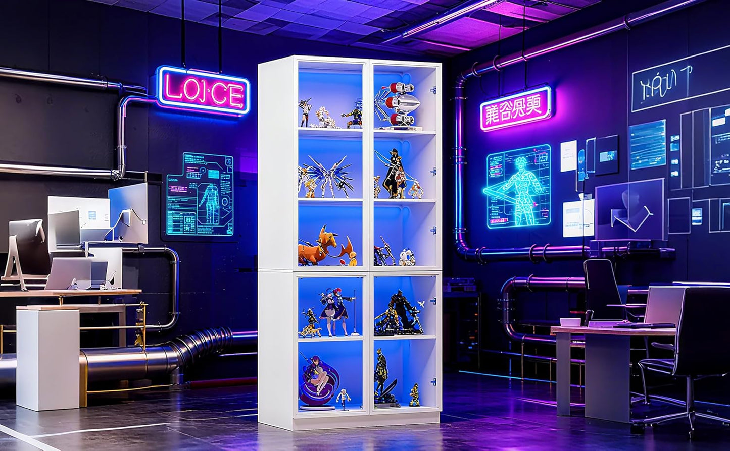 79'' Tall Glass Display Cabinet with LED Lights,Showcase with Glass Doors,5-Tier Curio Cabinet for Collectibles Bookcase,Storage Shelf, Bookcase (White- 5 Layers, Large)