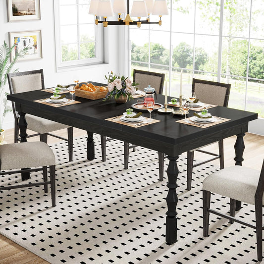62” Wood Dining Table for 4-6 People, Farmhouse Large Rectangle Kitchen Table, Modern Dinner Table Kitchen & Dining Room Furniture with Carved Turned Legs