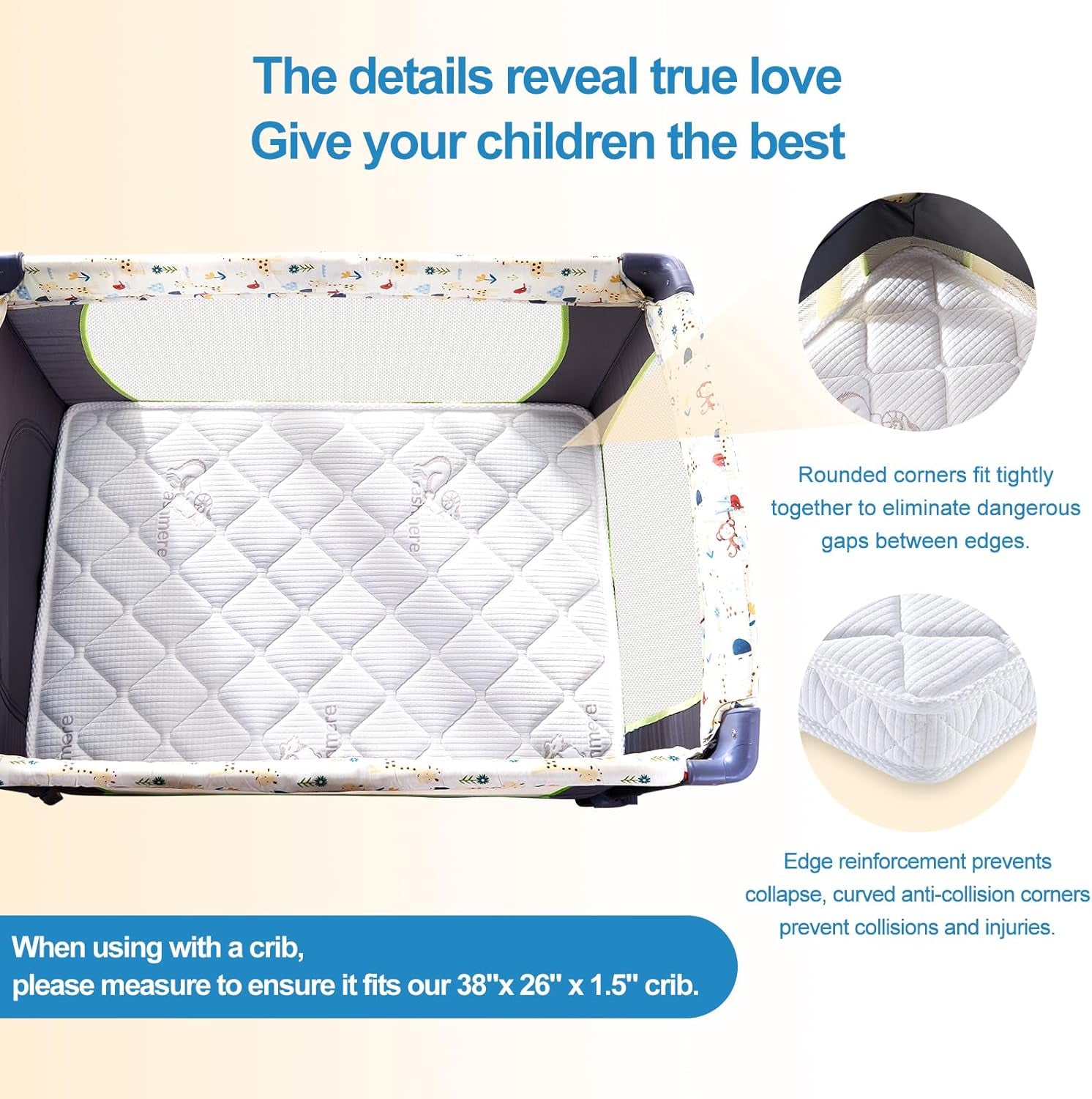 Pack and Play Mattress (38 “X26 ”X1.5),Skin Friendly Fabric, Soft, Breathable and Quiet, Provides Baby Friendly Support and Helps Healthy Spine Development,Pack and Play Topper.