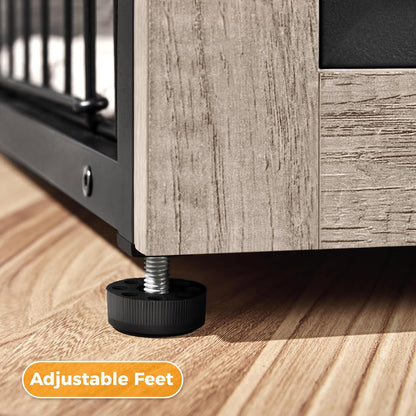 27.5'' Dog Crate Furniture with Cushion Wooden Dog Crate with Double Doors/Adjustable Feet Side End Table for Small/Medium Dogs, Greige