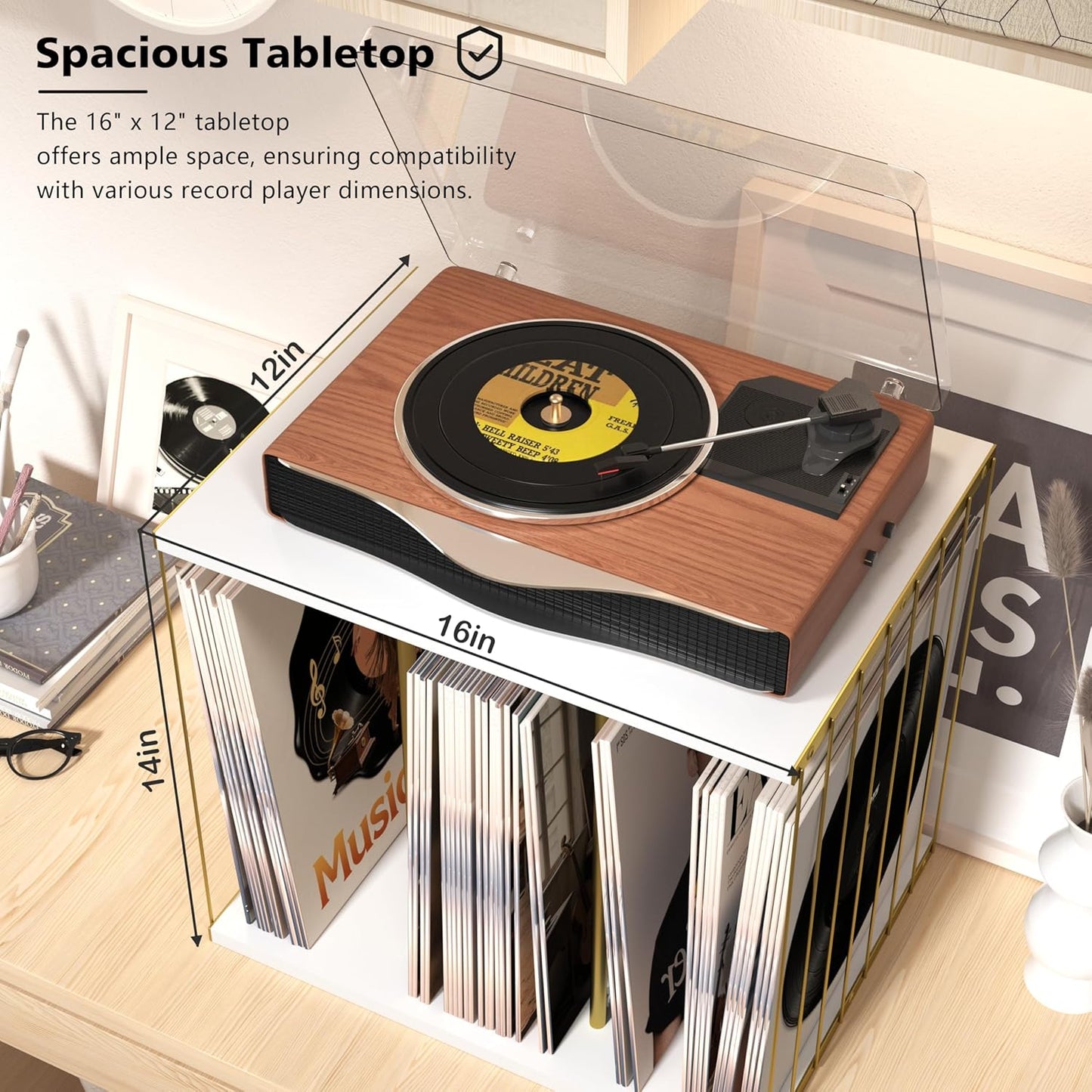 Vinyl Record Storage, Metal & Wooden Vinyl Record Holder up to 80 Album, 3-Compartment Record Player Stand for Magazine, Book, Files, Albums (White)