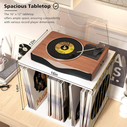 Vinyl Record Storage, Metal & Wooden Vinyl Record Holder up to 80 Album, 3-Compartment Record Player Stand for Magazine, Book, Files, Albums (White)