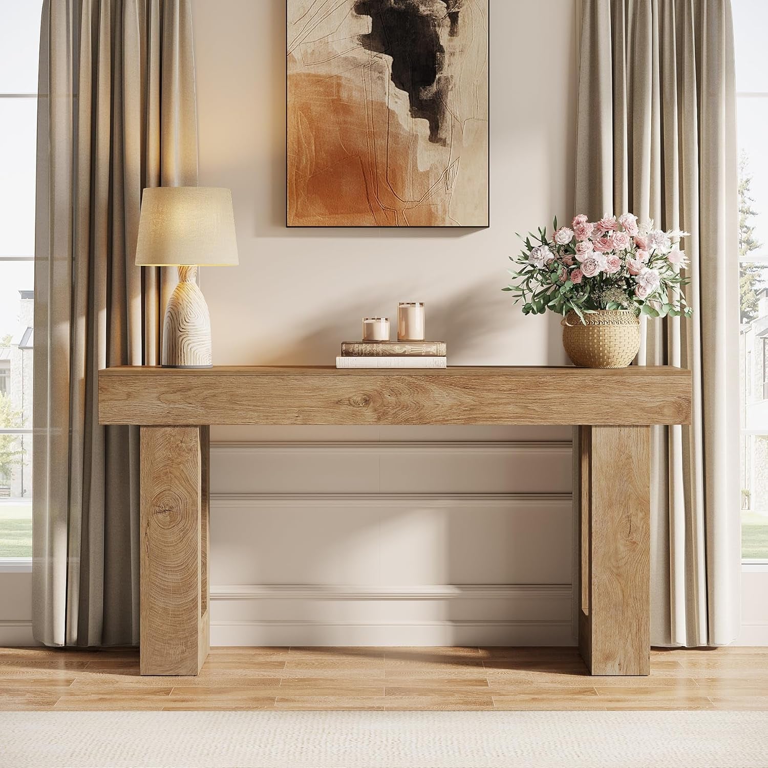 63-Inch Long Console Table, Wooden Rectangular Sofa Table behind the Couch, Farmhouse Entryway Table for Entrance, Hallway, Living Room (Natural)