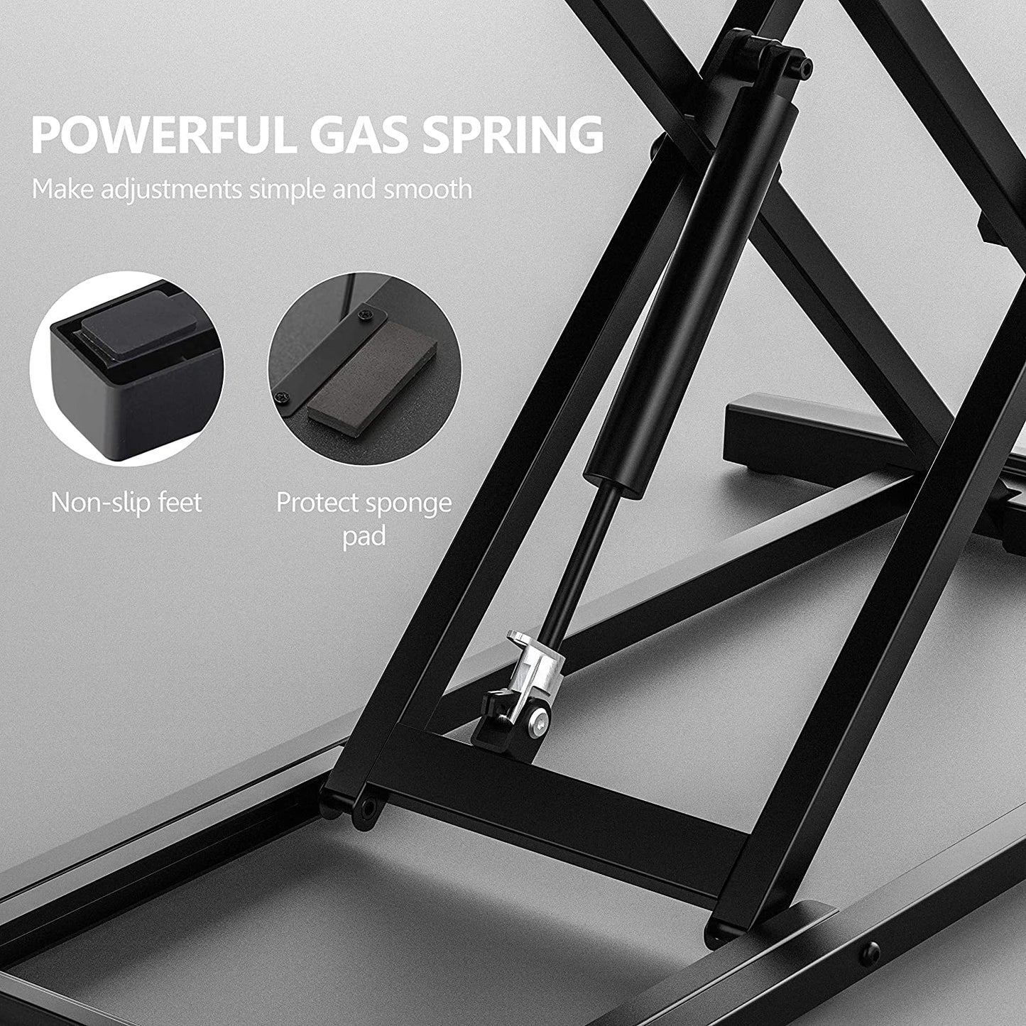 Black sit to stand desk converter for laptops and dual monitors, view 2