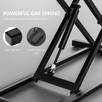 Black sit to stand desk converter for laptops and dual monitors, view 2
