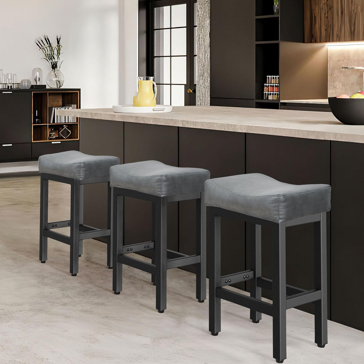 Counter Height Bar Stools Set of 2, 24 Inch Barstools for Kitchen Island Counter, Bonded Leather Kitchen Stools with Thick Saddle Seats & Heavy Duty Metal Base, Easy Assembly, All Black