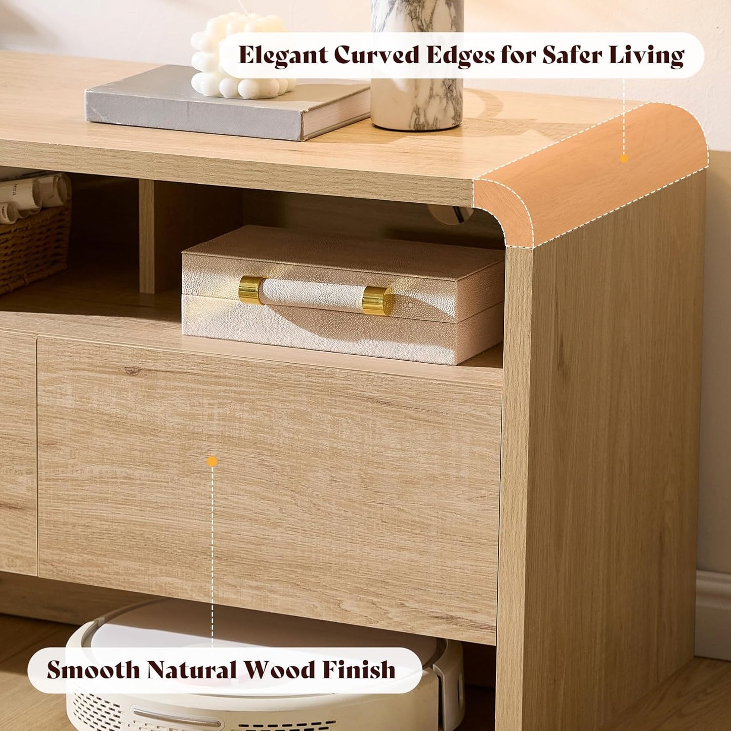 70" Modern TV Stand for Tvs up to 80", Wood TV Console with Curved Profile Design & 2 Storage Cabinets, Media Console Entertainment Center for Living Room, Natural Oak