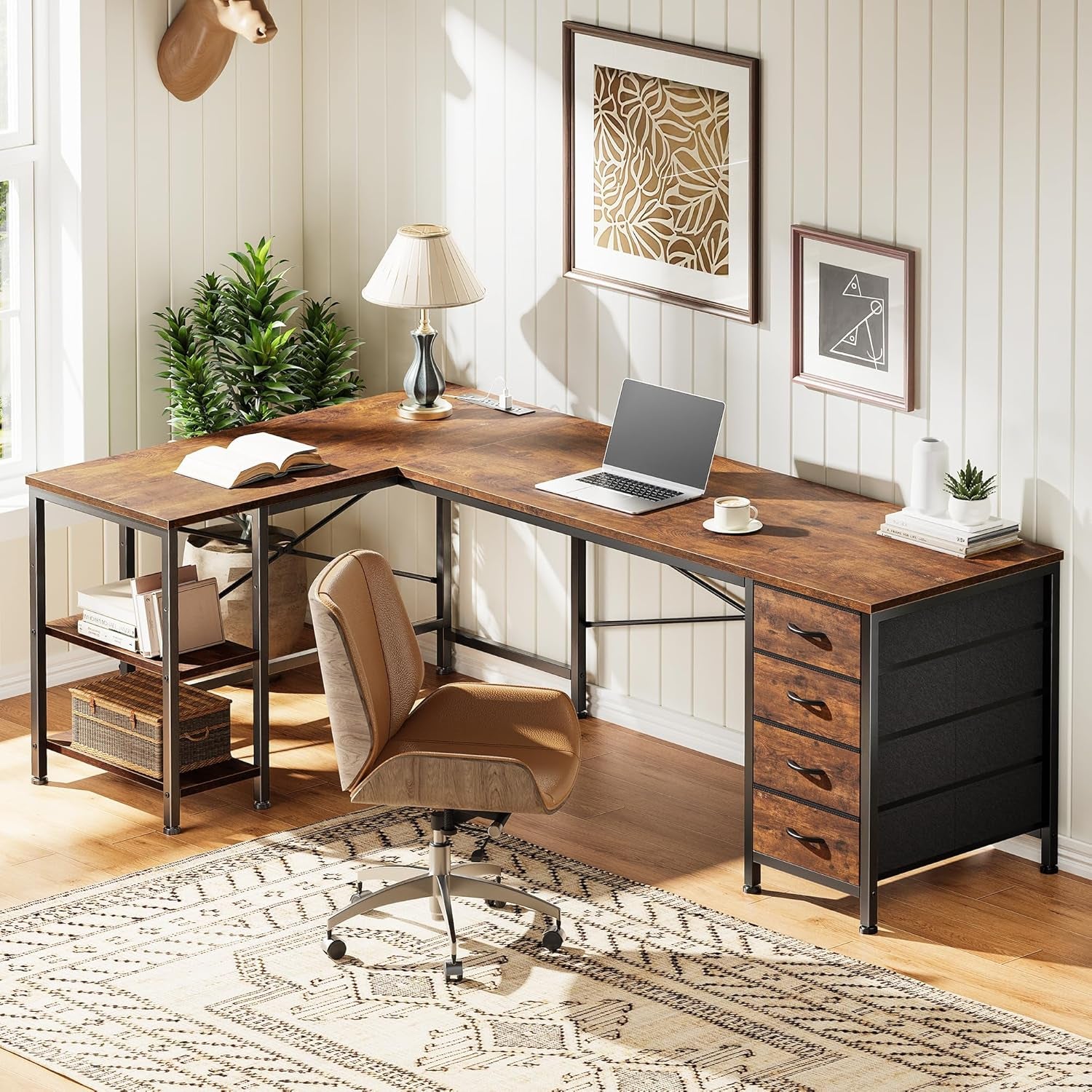 55 Inch L Shaped Desk with Fabric Drawers, Reversible Computer Gaming Desk with Power Outlets and USB-C Port, Adjustable Side Storage Shelves, for Work Study Corner Home Office, Rustic Brown