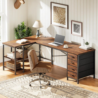 55 Inch L Shaped Desk with Fabric Drawers, Reversible Computer Gaming Desk with Power Outlets and USB-C Port, Adjustable Side Storage Shelves, for Work Study Corner Home Office, Rustic Brown